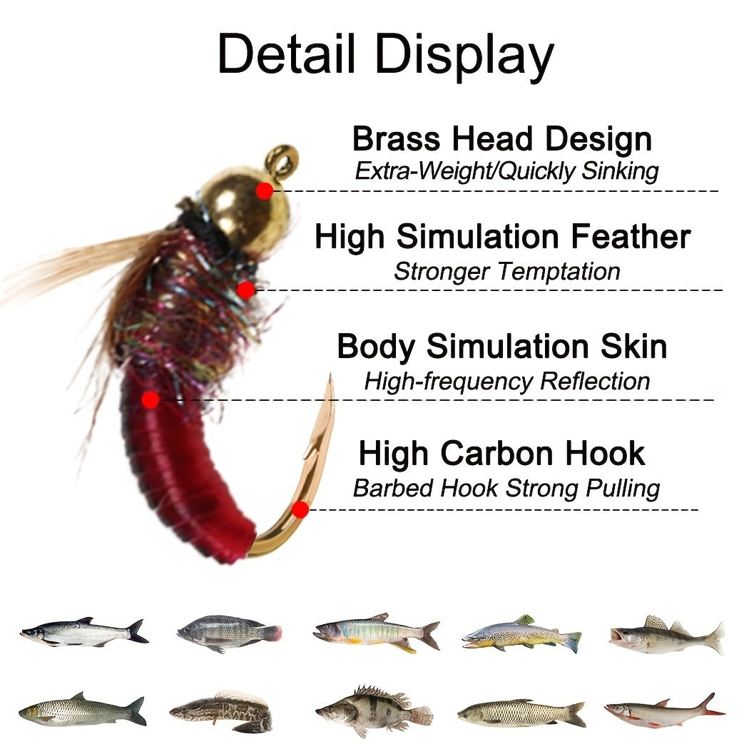 Brass Bead Head Caddis Nymph Lures Mixed Styles with Tackle Box, High Carbon Steel #10 Hooks for Bass Bluegill Trout Freshwater – Trout Fly Fishing Flies Kit - product image 3