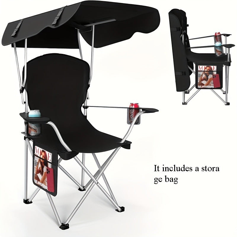 Carry-along Folding Camping Chair with Canopy Sun Shade 600D Oxford Fabric Outdoor Chair for Camping Beach Picnic Fishing Sports Featherlight Collapsible Seat