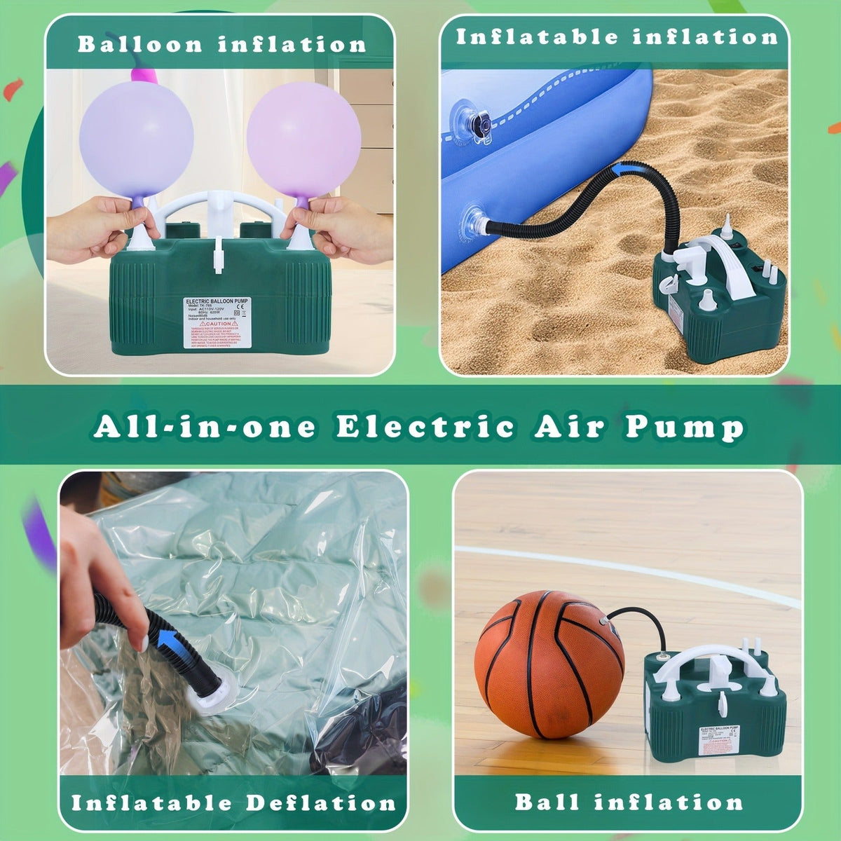 Electric Balloon Pump 3-in-1 Carry-along Inflator Deflator Fast Inflation for 260Q Foil Mylar Latex Double-Stuffed Balloons Pool Inflatables No Battery Required