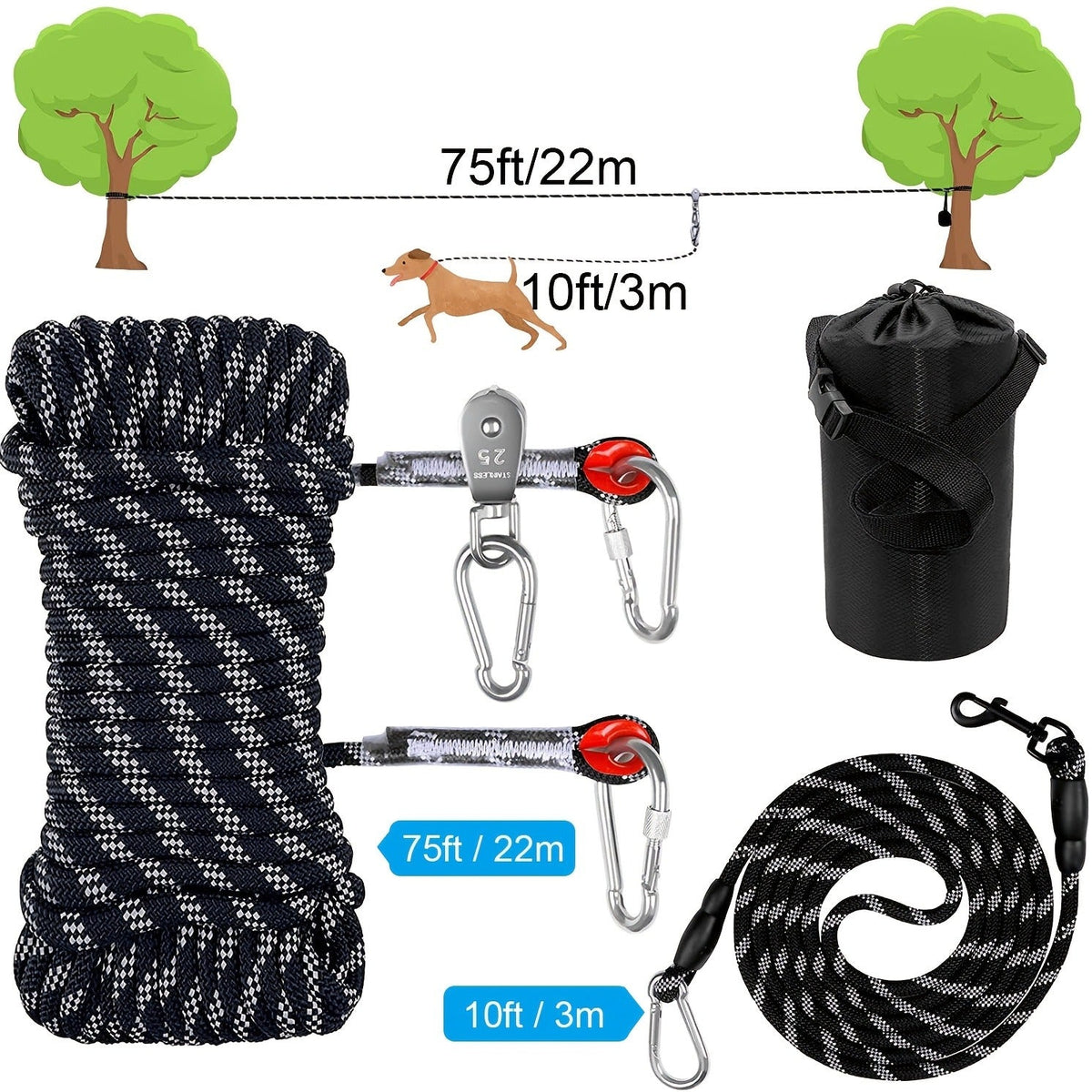 Heavy Duty Reflective Cable Runner, Supports Up to 200lbs, Carry-along Easy Setup for Yard, Park, Camping & Hiking, Black & Blue, Outdoor Dog Run | Overhead - product image 9