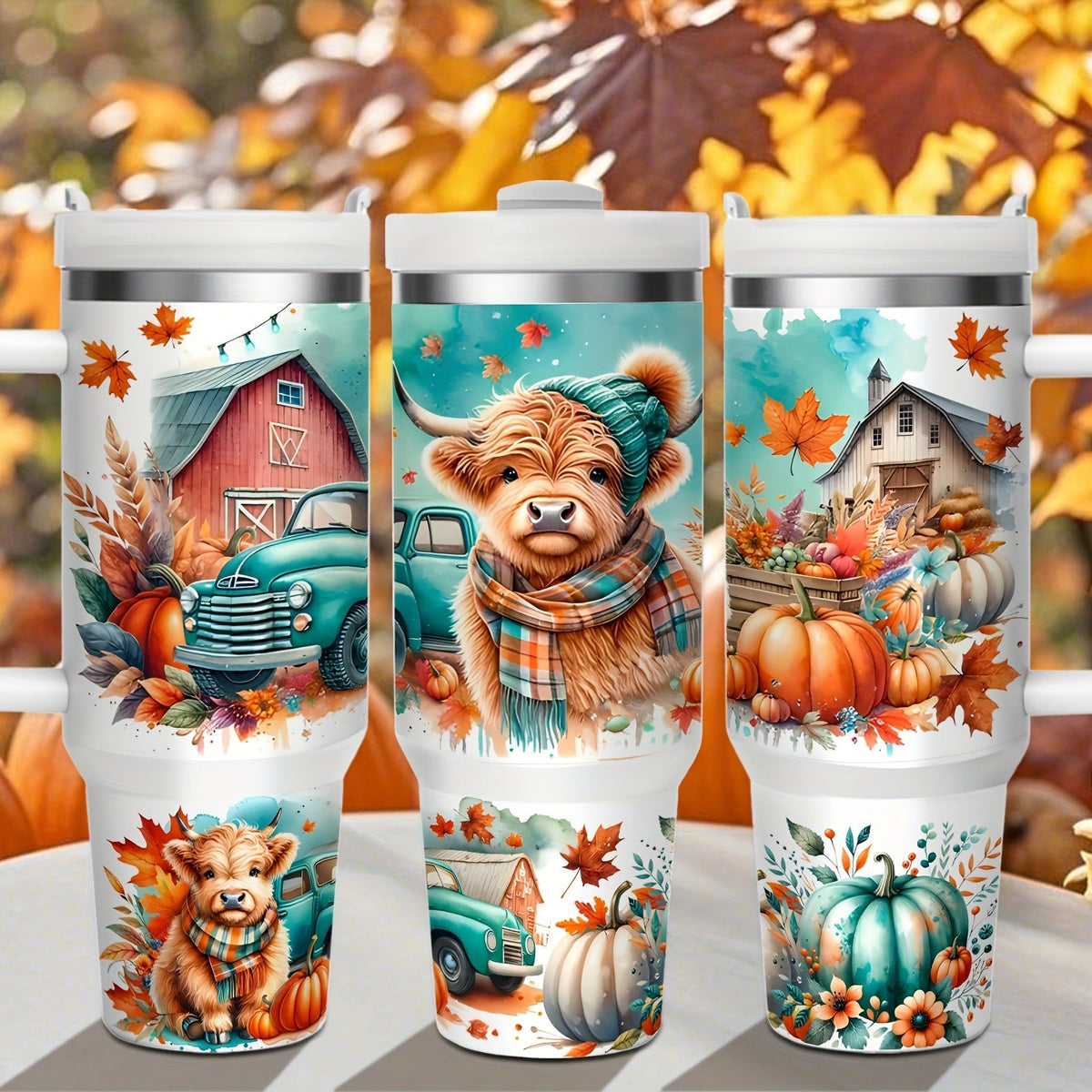 Stainless Steel Insulated Tumbler With Lid and Straw – 40oz & 16oz Highland Cow Thanksgiving Water Bottle With Handle – Keeps Cold 24 Hours Hot 12 Hours – Portable Travel Cup for Car Home Office Birthday Gift