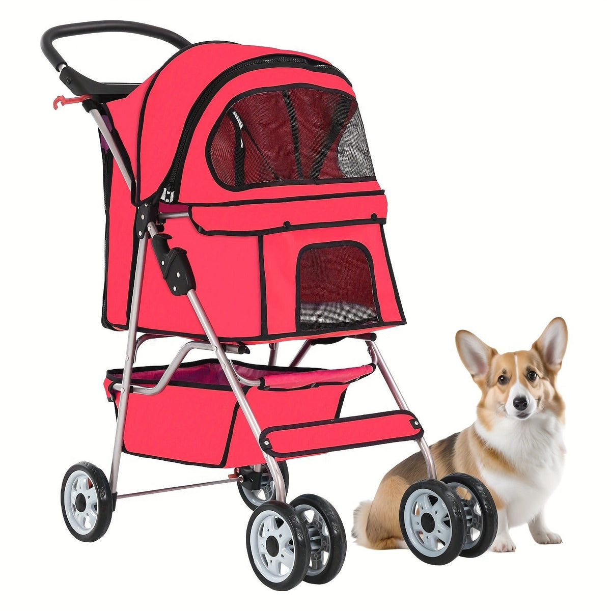 4-Wheel Pet Stroller with Cup Holder & Storage Basket – Carry-along Breathable Cat Dog Stroller, Smooth-Rolling Outdoor Pram for Small Medium Pets, Collapsible - product image 7