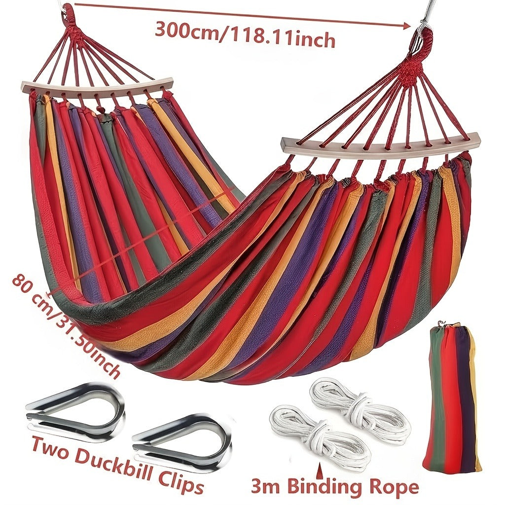 Outdoor Woven Hammock with Wooden Spreader Bar – Hanging Chair Swing Bed for Garden, Courtyard, Park & Balcony (No Frame Included) – Thickened Nylon Rope, Single or Double Size