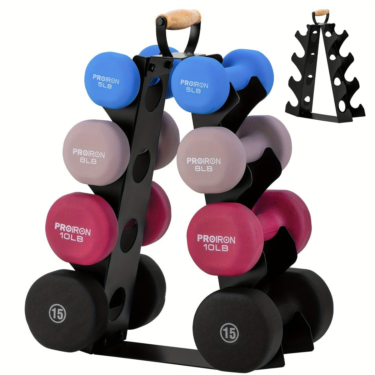 Weight Rack Stand 4-Tier A-Frame with Wooden Handle | Space-Saving Dumbbell Storage for Home Gym, Holds 5 | 15LB Hex & Rubber Dumbbells, Easy Assembly - product image