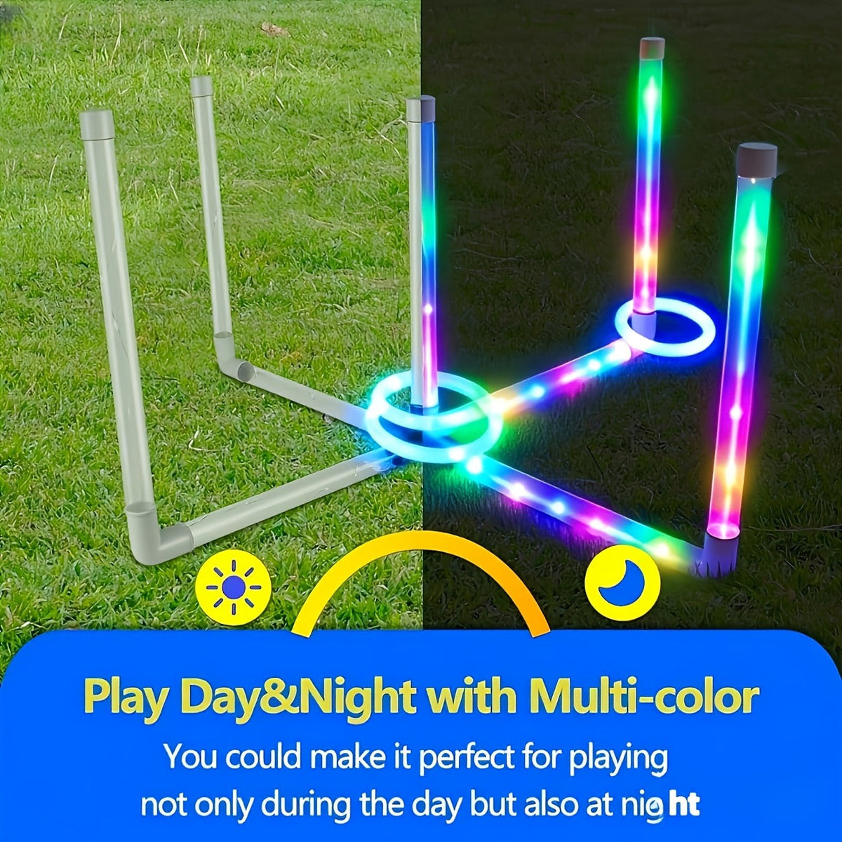 LED Glow Ring Toss Game – Indoor Outdoor Lawn Game for Kids & Family – Glowing Ring Toss Set for Game Night Parties Kindergarten Educational Fun Competition Backyard Play