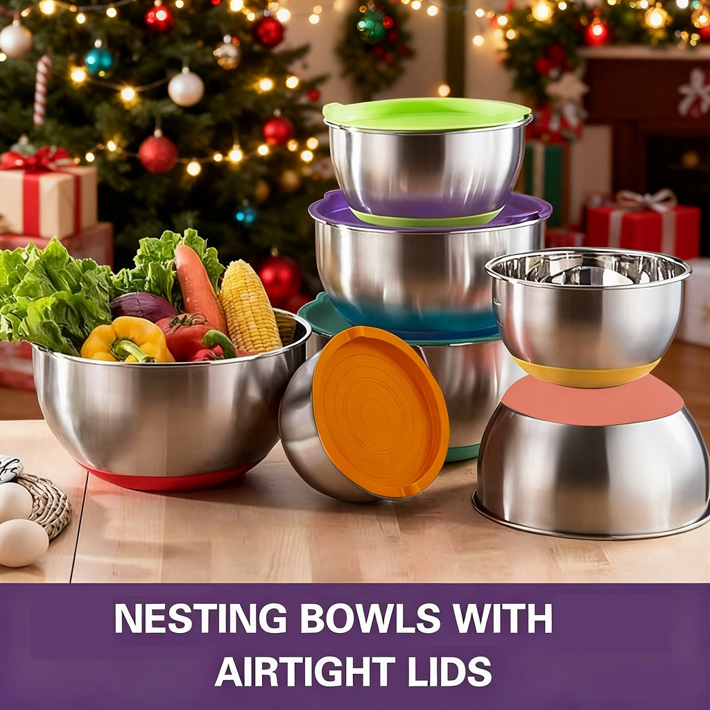 Stainless Steel Mixing Bowls Set with Airtight Lids 7 Piece | Dishwasher Safe Kitchen Bowls for Cooking Baking Camping Travel | Stackable Nesting Bowls with Measuring Spoons Whisk Spatula Tongs Basting Brush