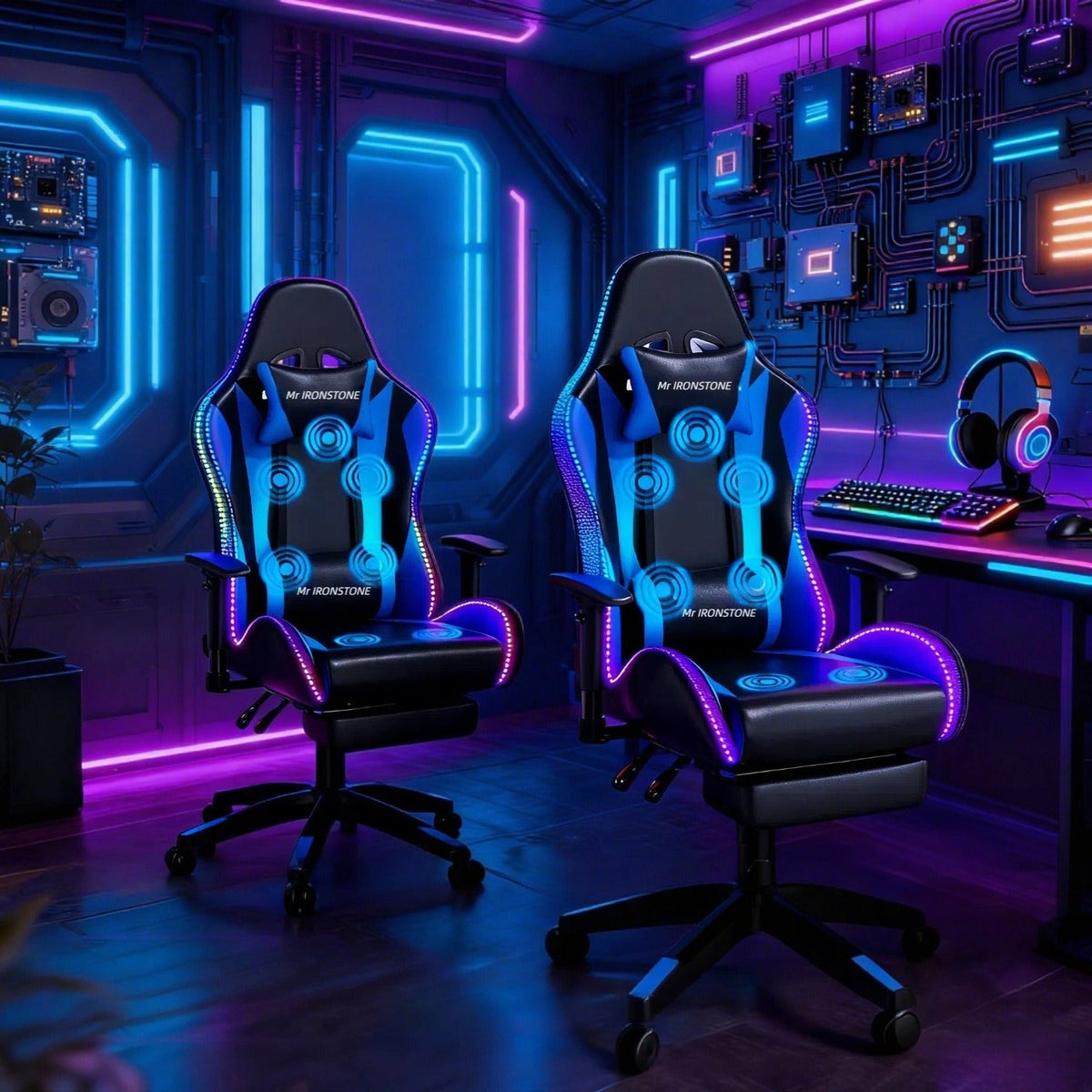 RGB LED Lights, 135° Reclining with Footrest, 7-Point Vibration, 3D Adjustable Arms, 360° Swivel, Heavy Duty 400 lbs Big & Tall Ergonomic Chair, Blue Black – Gaming Chair with Massage and Bluetooth Speaker