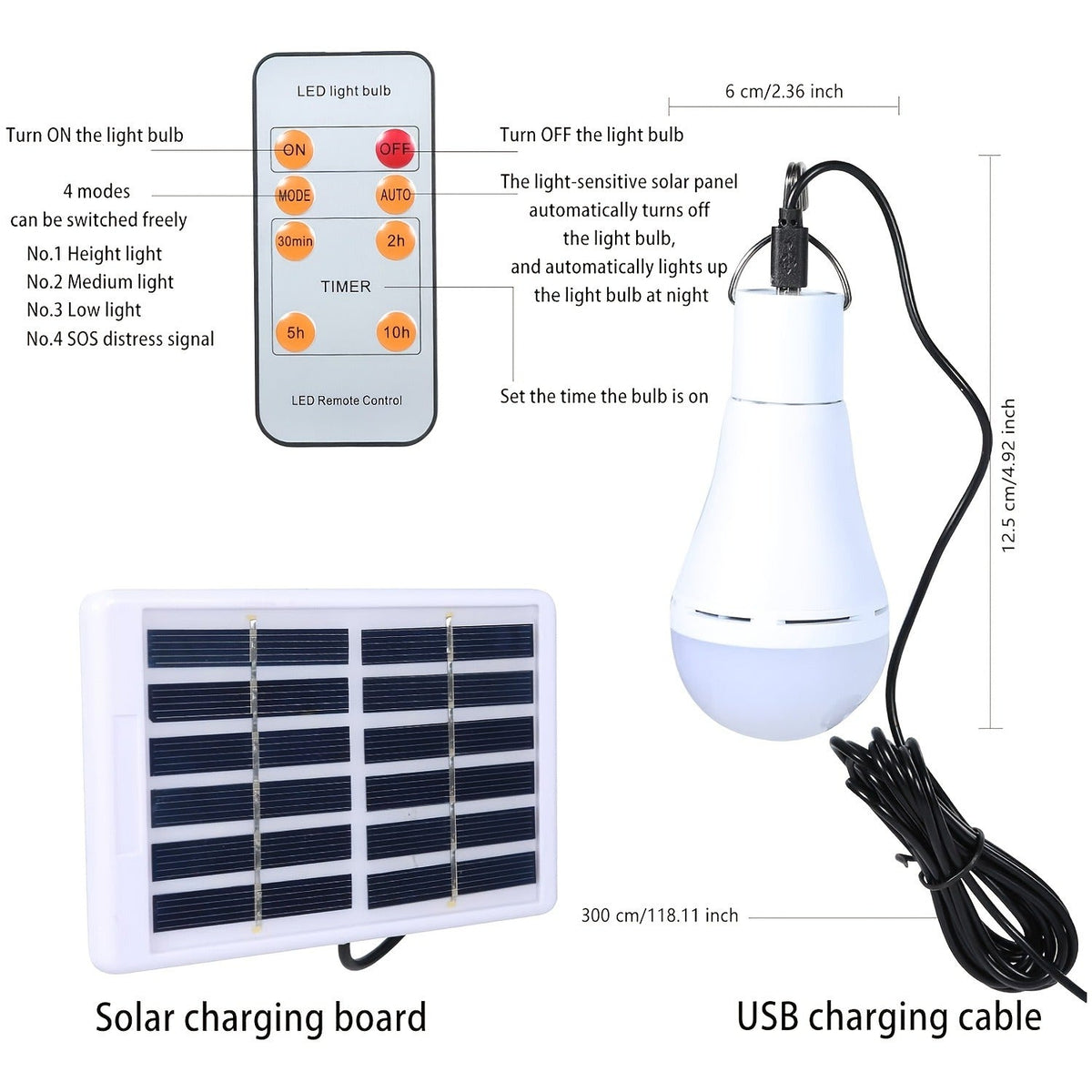 Solar Light Bulbs 2 Pack Campsite Outdoor | Shed, Chicken Coop, Emergency & Camping Light | Remote Control Timer, 4 Modes 300LM, Light Sensor Auto On/Off, Solar & USB Rechargeable