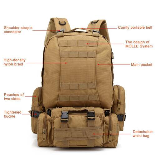 Tactical Backpack 60L MOLLE Military Bag with 3 Detachable Pouches for Camping & Outdoor Adventures