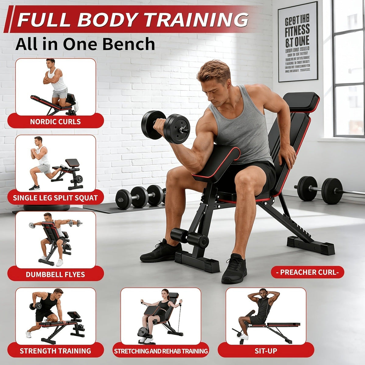 Foldable 14-in-1 Home Gym Dumbbell Bench, 1000 lbs Capacity, Roman Chair with Thick Cushion & Headrest – Adjustable Weight Bench - product image 5