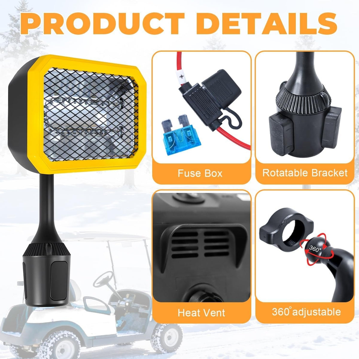 400W Electric Golf Cart Heater Carbon Fiber Fast Heating 360° Adjustable Angle Battery Powered Carry-along Heater with Cup Holder Adapter Compatible with 48V Golf Cart Systems Golf Cart Accessories