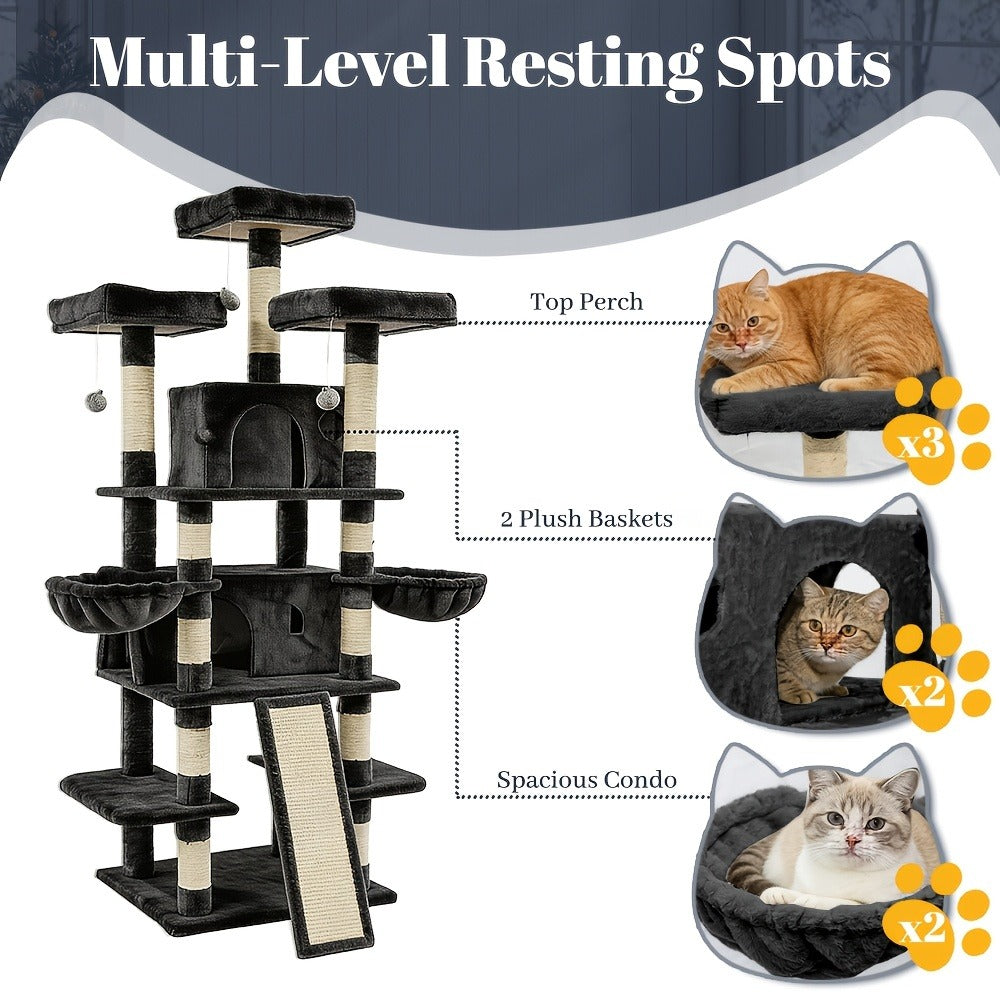 Large Multi-Level Cat Tree Tower – 68 – 81 Inch Tall Cat Condo with 2 Condos, 3 Plush Perches, Scratching Posts & Cat Hair Brush - product image 10