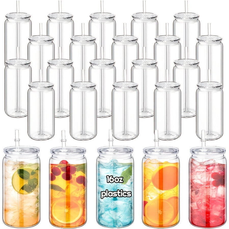16oz Plastic Cups with Lids and Straws Bulk 25pcs Set Clear Flat Bottom Tumbler Single or Double Wall for Iced Coffee Boba Water Juice Party Favors Christmas Gifts for Kitchen & Dining