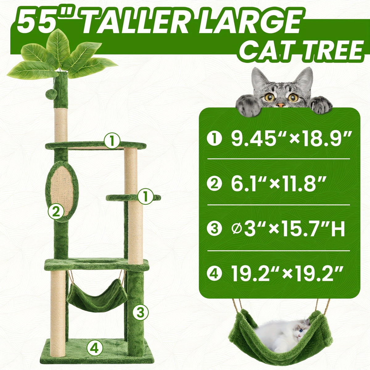 Cat Furniture for Living Room – Cat Tree 55" Large Multi-Level Cat Tower for Indoor Cats with Green Leaves, Hammock, Sisal Scratching Posts & Hanging Ball Toy - product image 15