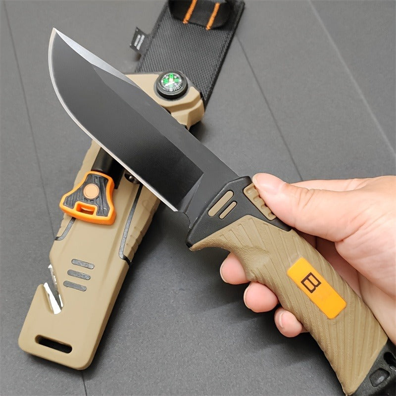 Fixed Blade Outdoor Camping Knife 9.64 Inch Stainless Steel – Non-Slip Ambidextrous Handle for Hiking Mountaineering Adventure – Survival Hunting Knife with Flint Fire Starter Night Light Sharpener Safety Sheath