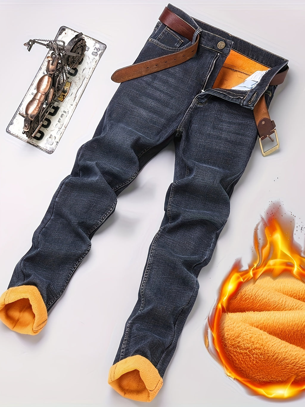 Men's High-Waisted Straight-Leg Winter Jeans - Thickened -Lined Warmth, Washed Denim Texture, Solid Blue Casual Pants for Cold Weather, Cold Weather Apparel - product image 4