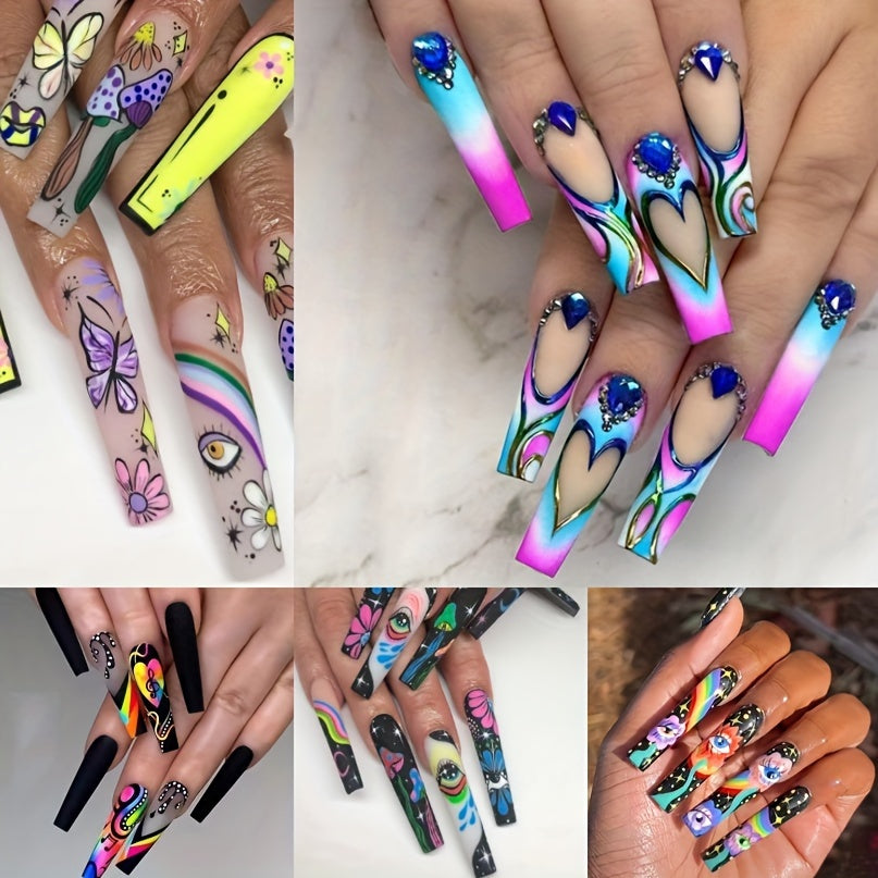 Press On Nails Set 120pcs 5 Boxes Extra Long Cosmic Eyes Crystal Rhinestones Matte Colorful Stripes Floral Glue-On Wearable Nail Art Variety Pack Festive Gift for Women Teens Party - product image 12