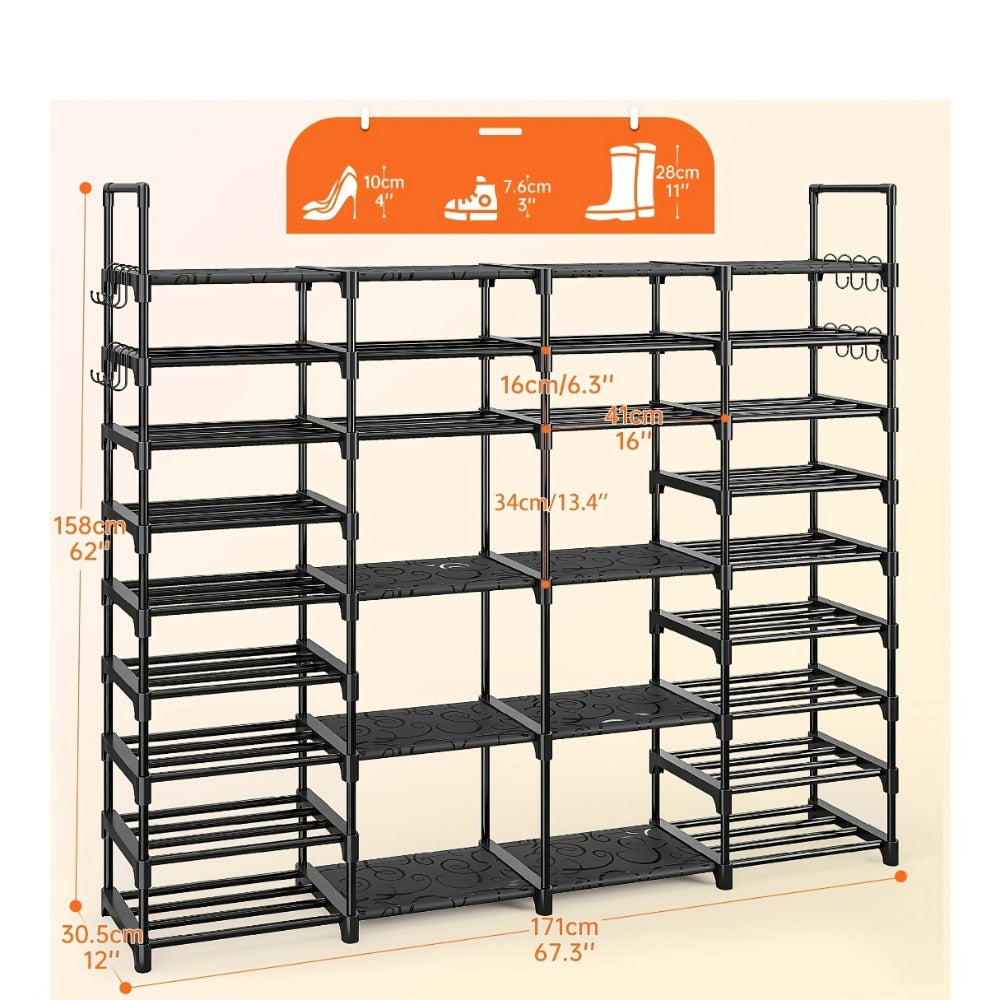 Large Metal Shoe Rack 4-Row 9-Tier Freestanding Shoe Organizer for Entryway Bedroom Hallway | 64-Pair Capacity Shoe Tower with Golden Tubes DIY Adjustable Shelves Space-Saving Vert - product image 4