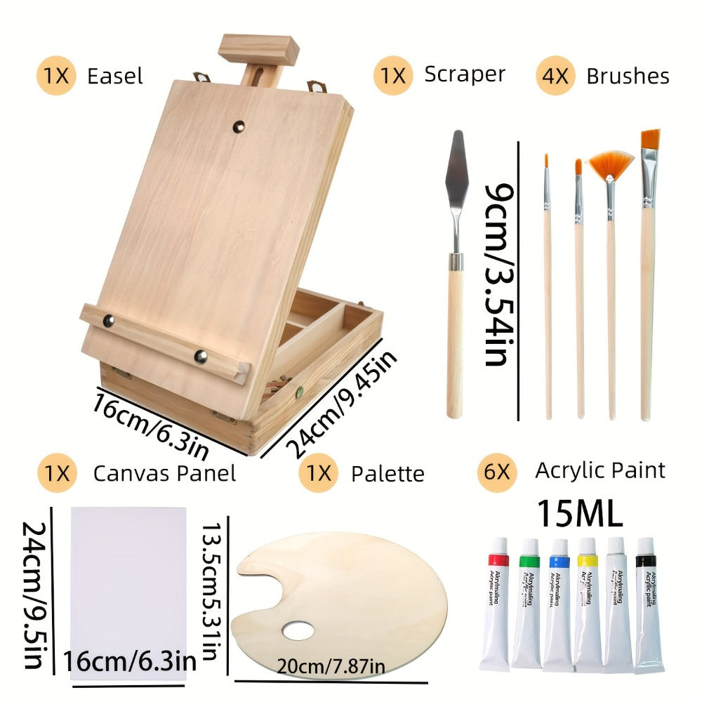 Plein Air Painting Set 14 Piece – Complete Outdoor Art Kit for Artists Adults Beginners – Carry-along Sketch Box with Adjustable Wooden Tabletop Easel Paint Canvas Tray 4 Brushes & Palette Knife