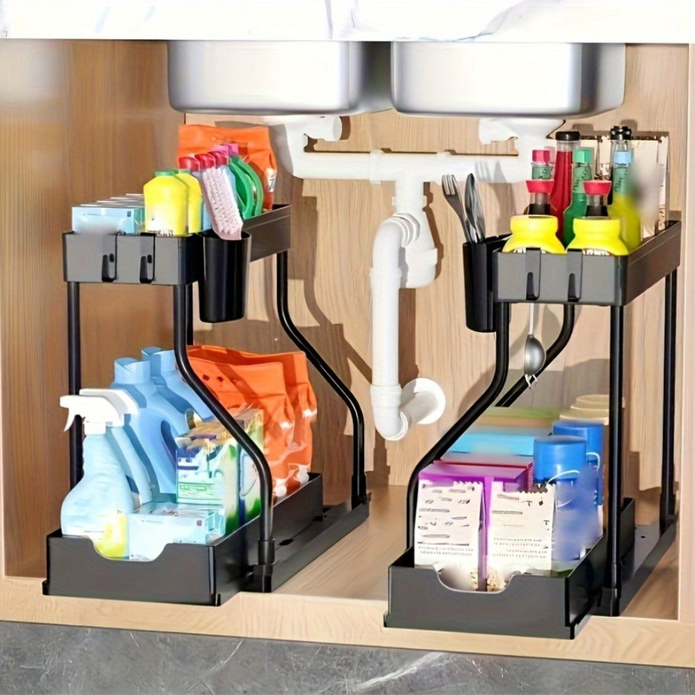 Under Sink Organizer 2-Tier Sliding Cabinet Basket with Hooks – Adjustable Bathroom Kitchen Shelf Storage Rack for Cabinets - product image 2
