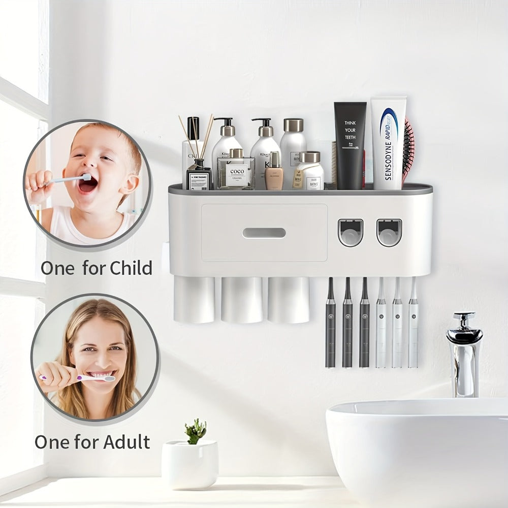 Wall Mounted Toothbrush Holder with Automatic Toothpaste Dispenser - 3 Cups Bathroom Organizer, Space-Saving Toothbrush Cup Holder for Family, Black & Gray - product image 10