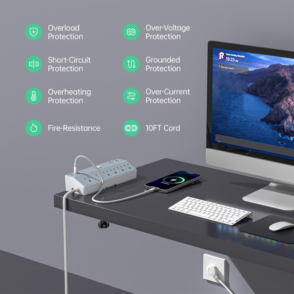 Desk Clamp Power Strip 12-in-1 Surge Protector with 6 Outlets 4 USB-A 2 USB-C PD 20W 40W Fast Charging Desktop Mount Flat Plug for Home Office Tabletop - product image 6