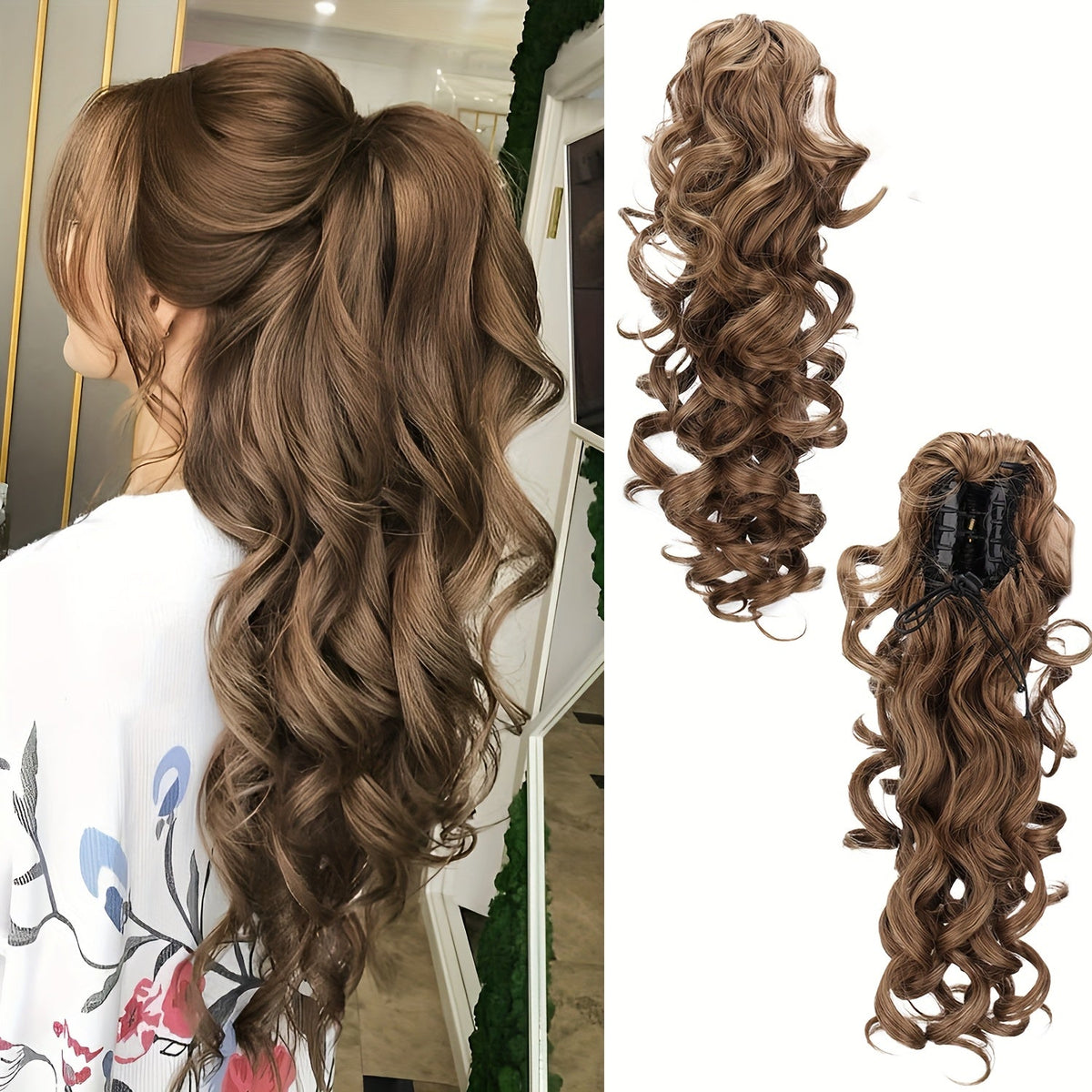 Scroll Curl Claw Clip Ponytail Extension Gradient Color 16 Inch | Synthetic Heat Resistant Hairpiece 5 Colors Linen Brown Golden Grey for Women Daily Wear & Special Occasions - product image 11
