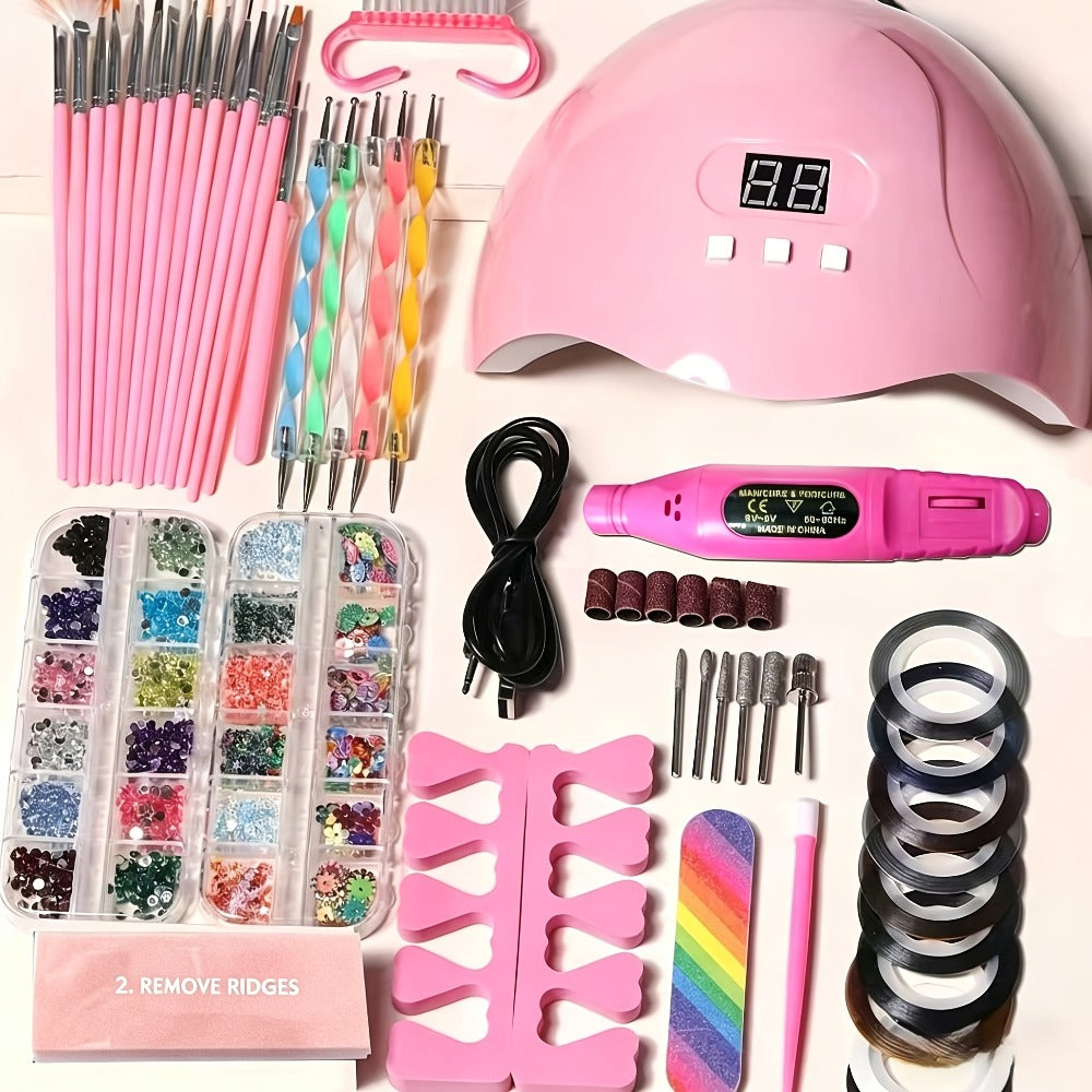 72-Piece Complete Nail Art Set with LED UV Lamp, Electric Nail Drill Pen, Gel Polish, Glue Drying Machine, Nail Polisher, Polish Brush Set, Finger Divider & Stainless Steel Manicur - product image