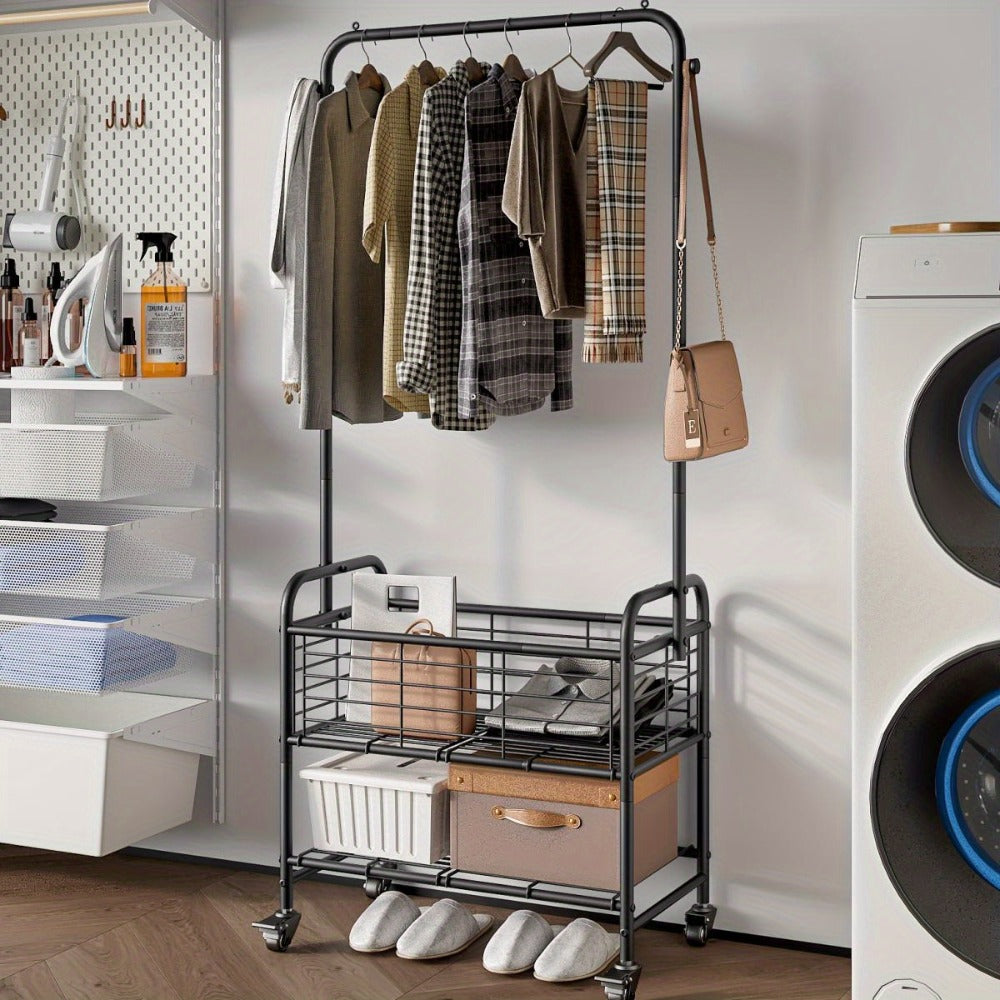 Rolling Laundry Basket with Wheels and Hanging Rack, Laundry Sorter Cart with Shelf and Locking Casters, Heavy Duty Steel Frame, Multifunctional Clothes Hamper for Laundry Room Bed - product image