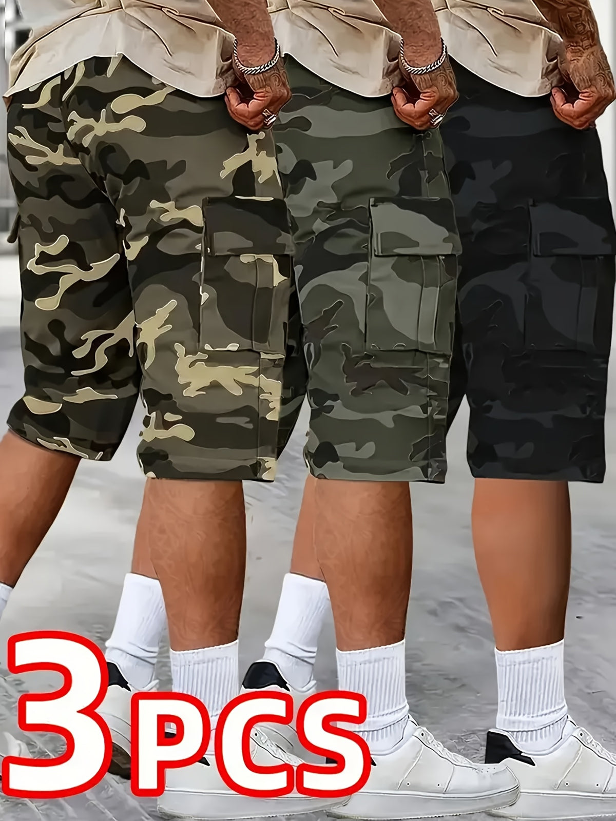 [Father's Day Gift Choice] 3pcs Camo Cargo Shorts for Men, Knee-Length Shorts with Flap Pockets and for Hiking, Hunting, Fishing, Work Shorts for All Outdoors - product image 3