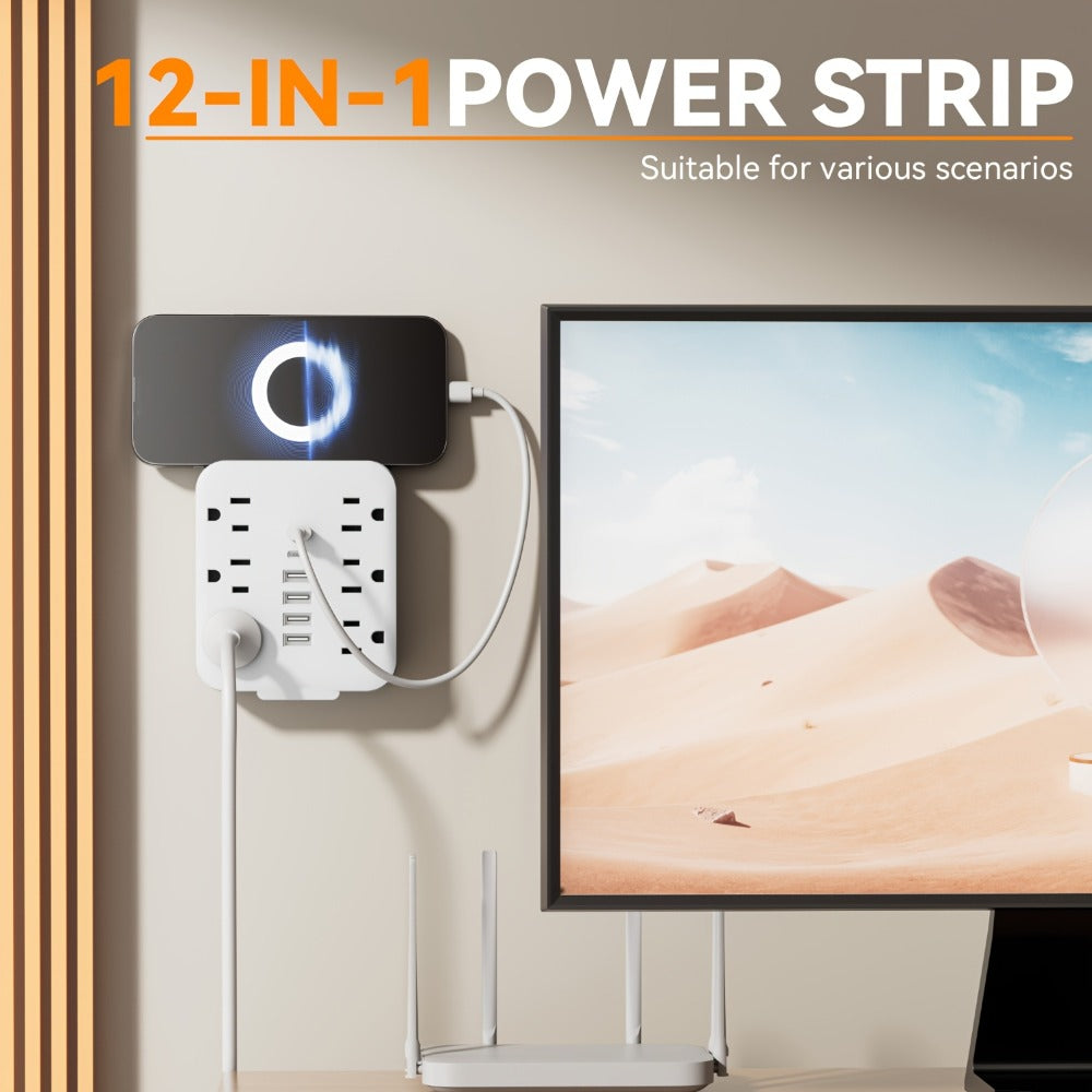 Wall Power Strip 12-in-1 with 6 AC Outlets & 6 USB Ports (2 USB-C) – Compact Space-Saving Plug, 110-130V US Plug for Home & Office – White & Black - product image 9