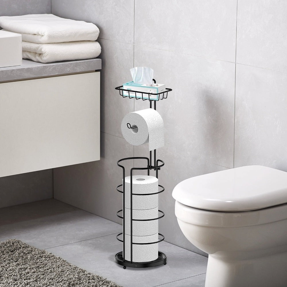 Toilet Paper Holder Floor Standing with Shelf 4-Roll Storage Rack Freestanding Bathroom Paper Organizer for Bathroom Bedroom Balcony Courtyard Black 1 or 2 Pack - product image 7
