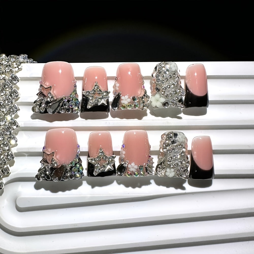 Short Press On Nails Black French Tip 10pcs Duckbill Silvery Snake Full Diamond Shiny Stars Handmade Reusable UV Protected Salon Quality for Wedding Party Birthday Gift False Nails - product image