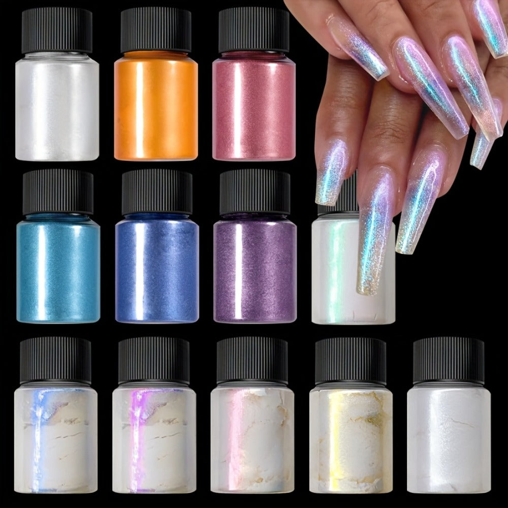 Aurora Nail Powder 12 Colors Chrome Pearl Glitter Neon Dust Holographic Iridescent Pigment Set for Chrome Nail Art Dipping Powder Decoration Nail Charms Gel Acrylic - product image