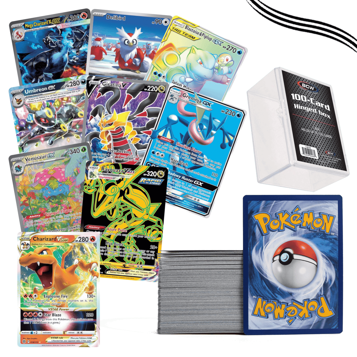 Elite Hit Collector Bundle 100+ Cards | 1 Guaranteed IR SIR EX GX V VSTAR VMAX or Full Art + 10 Holos + Plastic Deck Box | Gift for Kids Teens & Collectors - product image