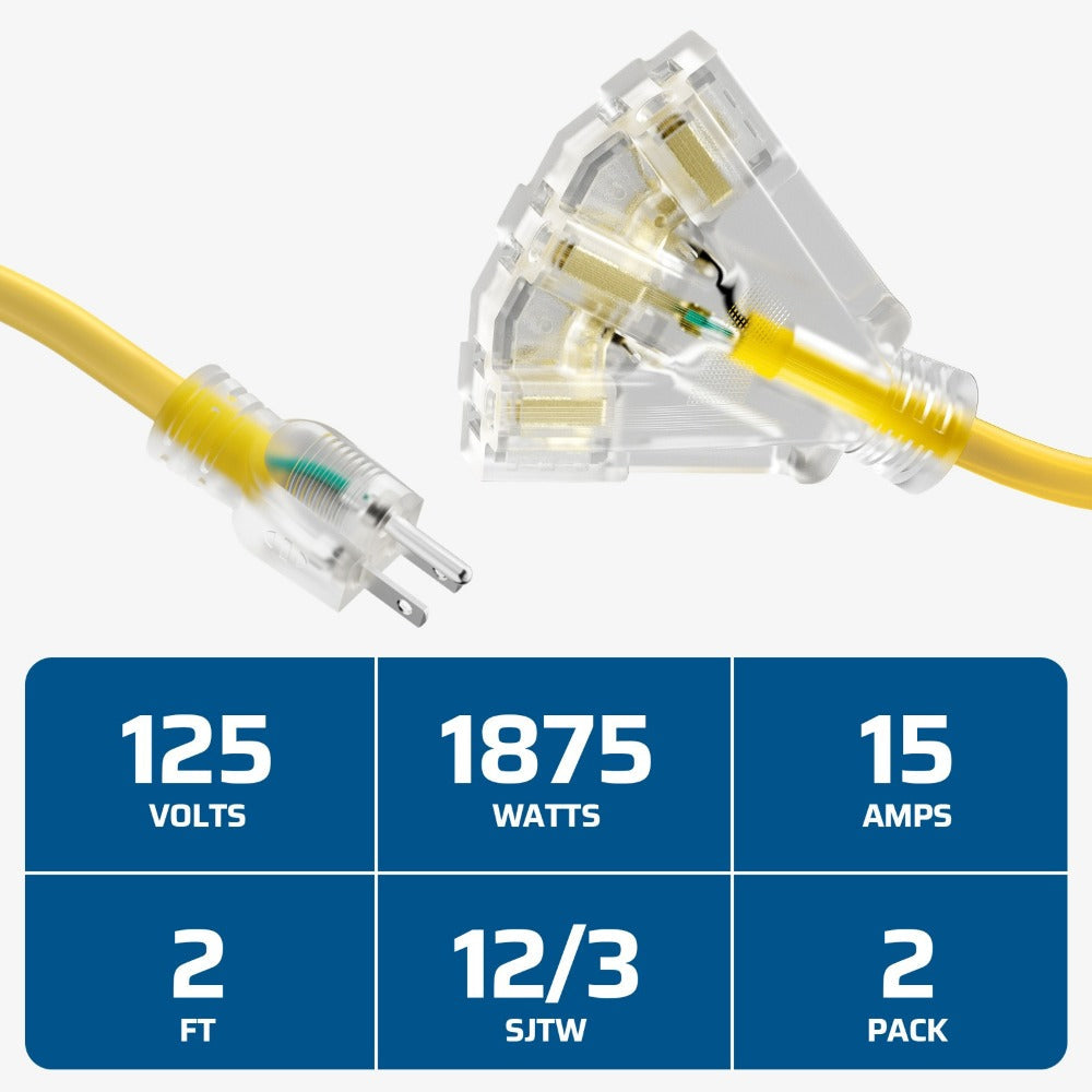 Heavy Duty Extension Cord Splitter Tri-Tap 2-Pack – 15A SJTW Contractor Grade, LED Lighted Plug, 2ft Yellow Jacket for Outdoor & Job Site Use - product image 4