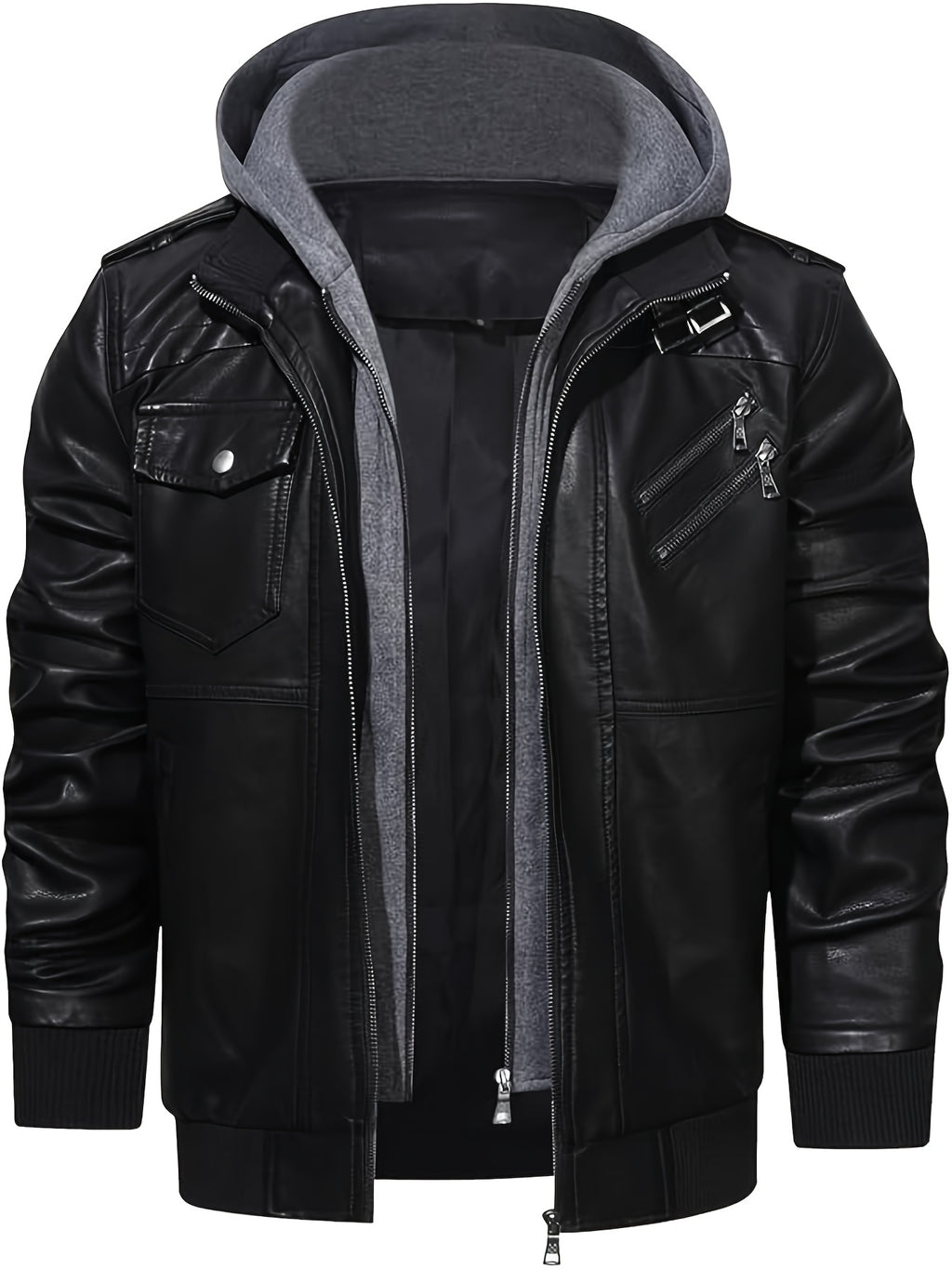Men's High Quality Windproof PU Motorcycle Bomber Jacket with Removable Hood & Belted Hoodie Suitable for Riding, Winter, Spring, Fall - -Tear Windproof Bomber - product image