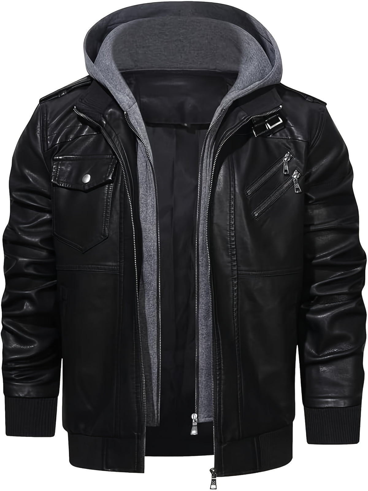 Men's High Quality Windproof PU Motorcycle Bomber Jacket with Removable Hood & Belted Hoodie Suitable for Riding, Winter, Spring, Fall - -Tear Windproof Bomber - product image