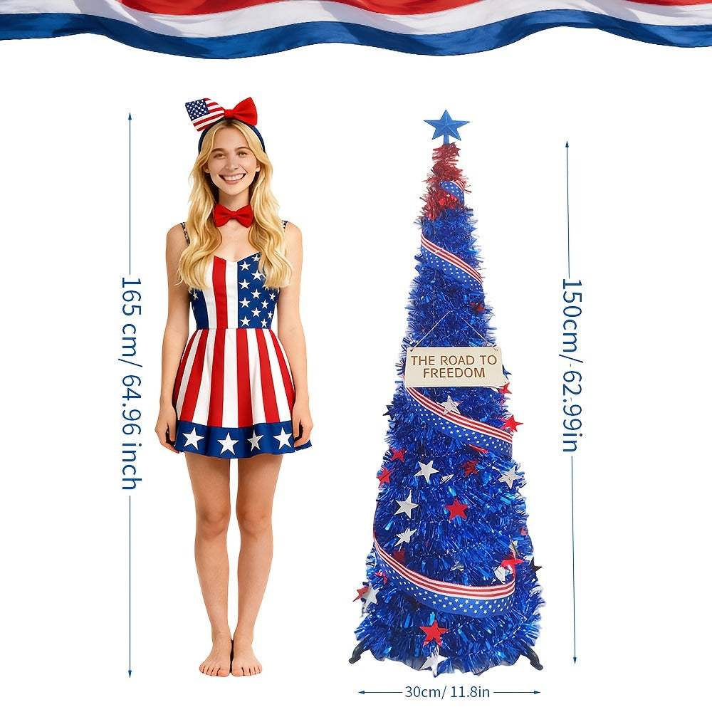 4th of July Decorative Tree 5ft LED Light, Foldable Patriotic Stars & Stripes Blue Christmas Tree with Red White Blue LED String Lights, Independence Day Party Decoration & Summer  - product image 3