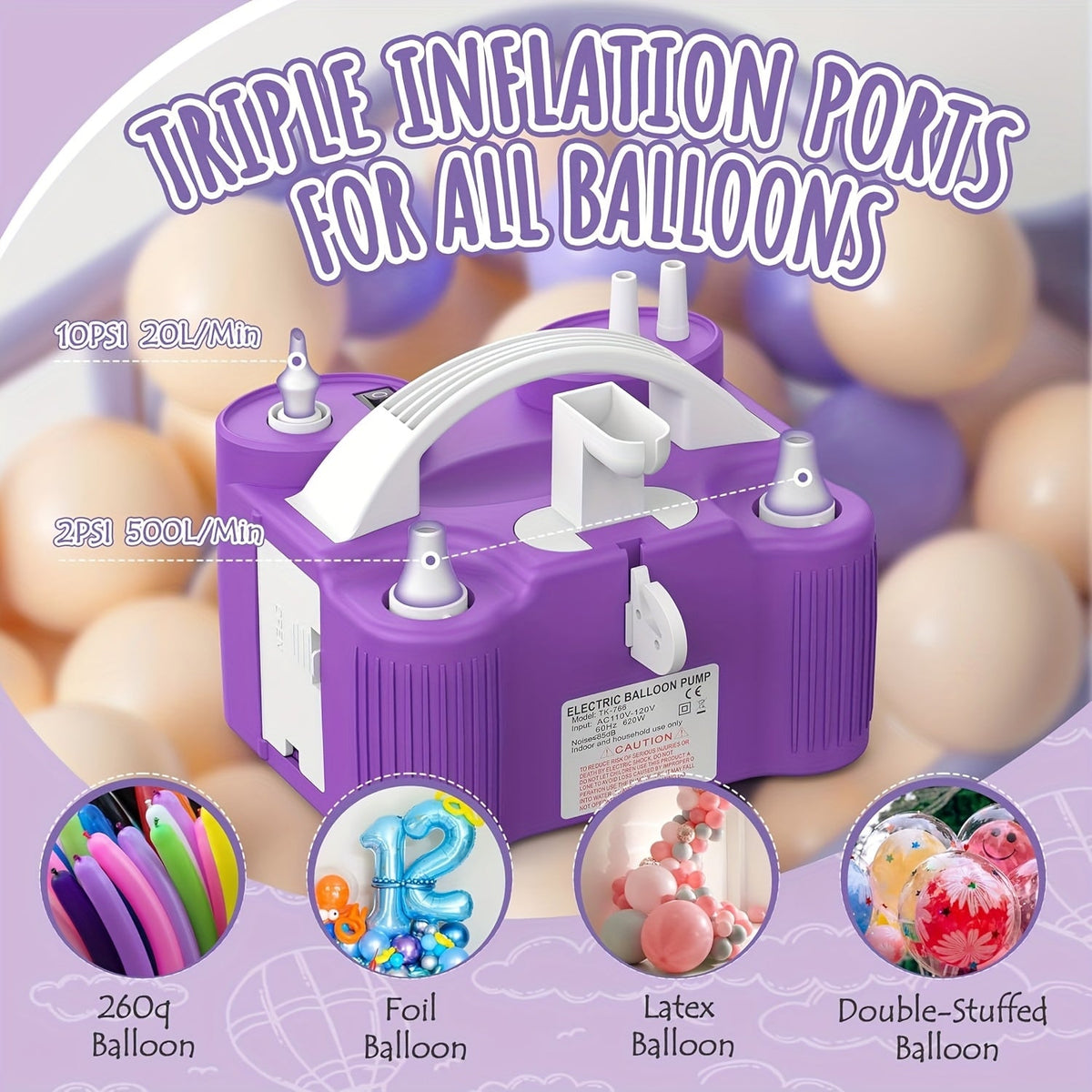 Fast Inflator Deflator for All Balloons Latex Foil 260Q Mylar, Air Beds Pool Floats Yoga Balls Sports Balls, No Battery Required | Electric Balloon Pump 4-in-1 with Triple Nozzles