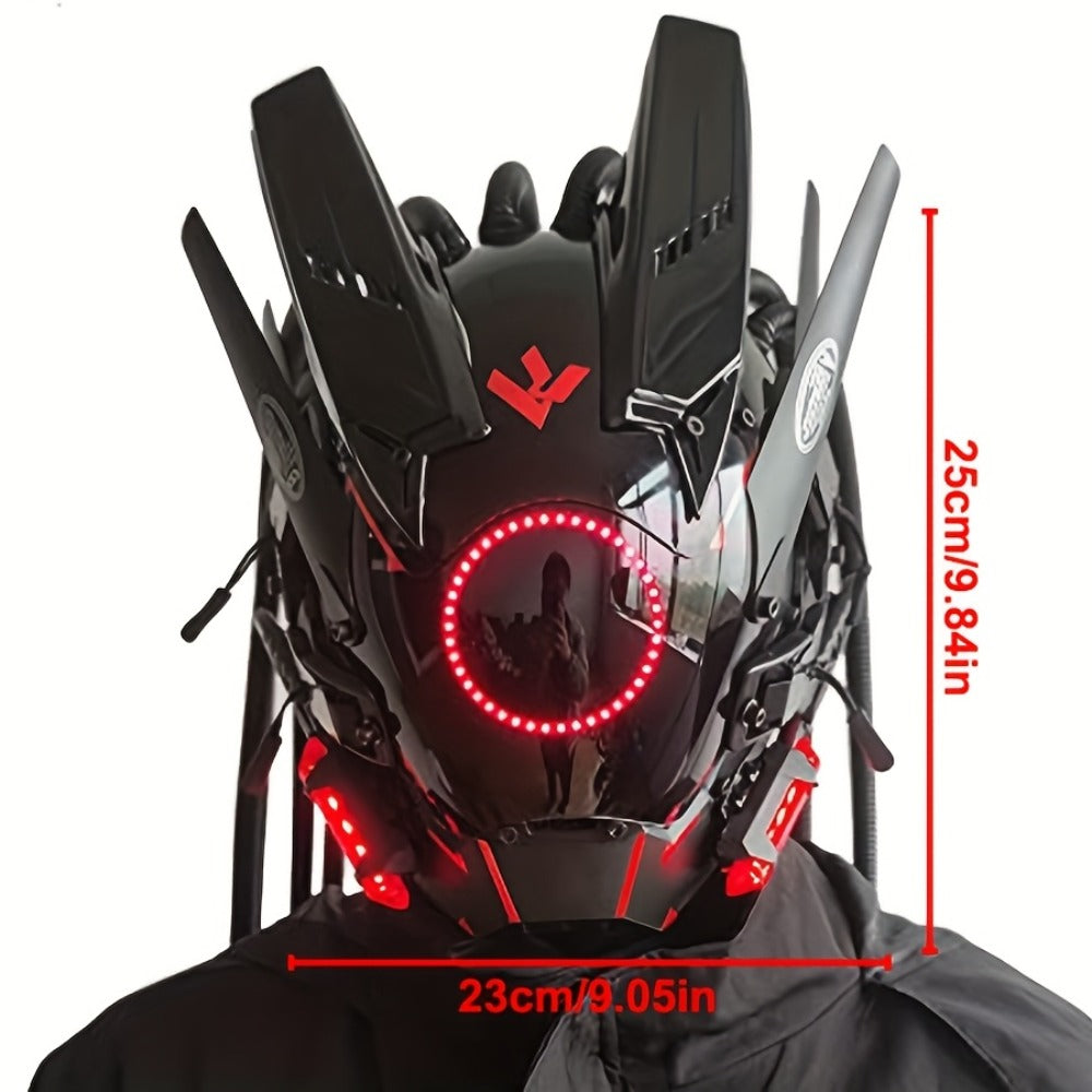 Futuristic Sci-Fi Mechanical Face Mask for Halloween, Cosplay, Music Festival & Rave Party, Blue Green Pink, Free Helmet Included, Adult Gift – LED Cyberpunk Samurai Mask with Braids