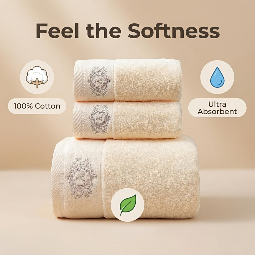 Embroidered Cotton Towel Set 3-Piece – 400g/㎡ Soft Absorbent Lint-Free Bath Towel Hand Towel Set for Home Spa Salon - product image 6