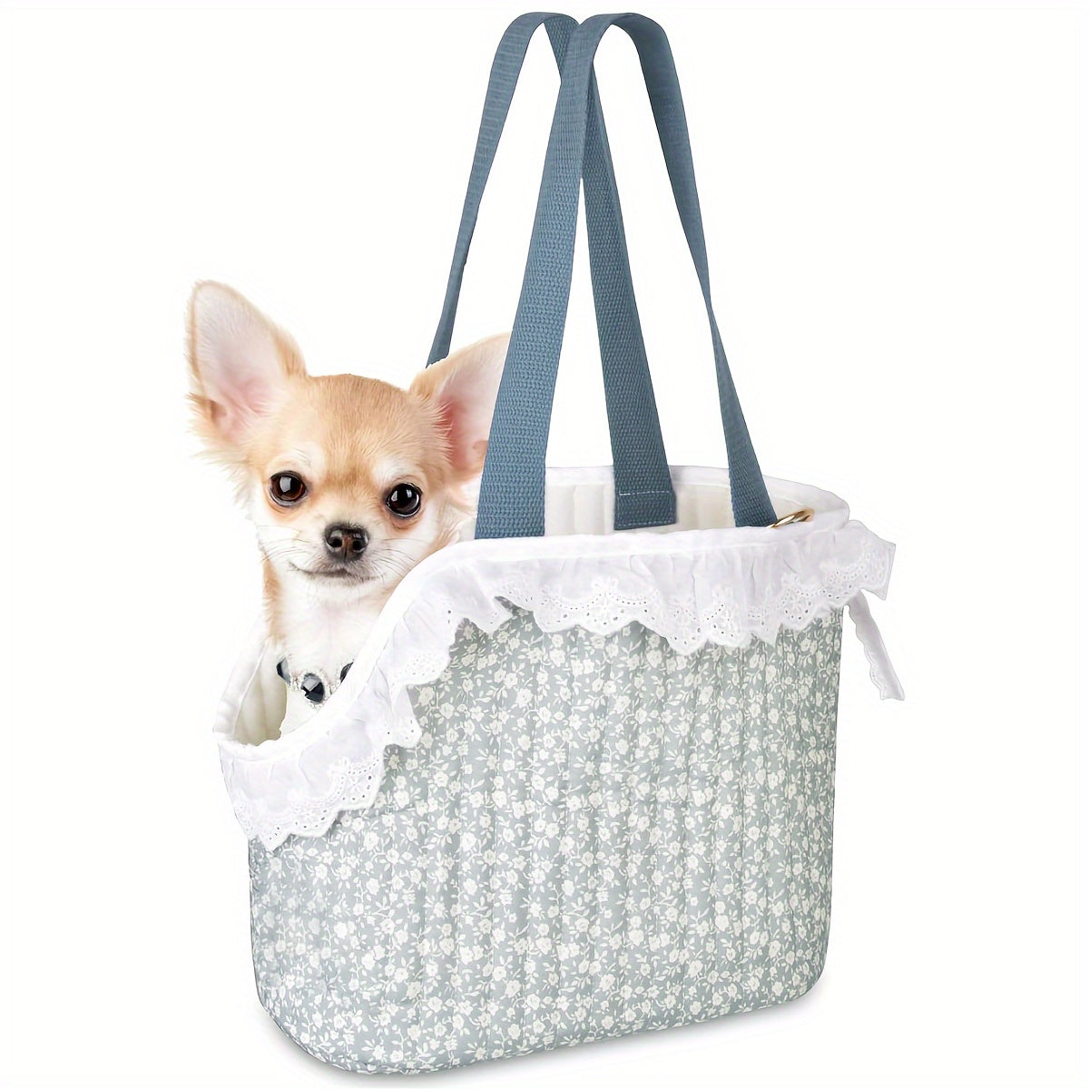 Small Dog Carrier Tote Bag with Safety Features Soft Polyester Lace Design, Hook & Loop Closure | Blue Floral Pet Travel Bag for Small Dogs & Cats by CUBY - product image