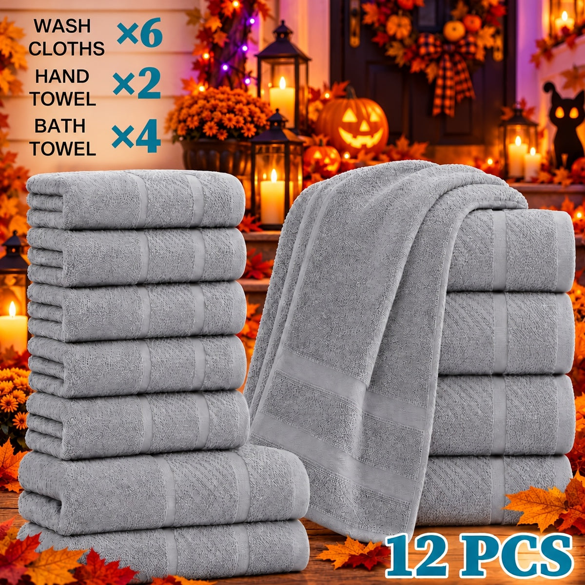 24 pcs Bath Towel Sets, Solid Color Cotton Blend Bathroom Towel, 8/4 Bath Towels +4/2Hand Towels + 12/6Washcloths, Multiple Colors Available, Soft and - product image 24