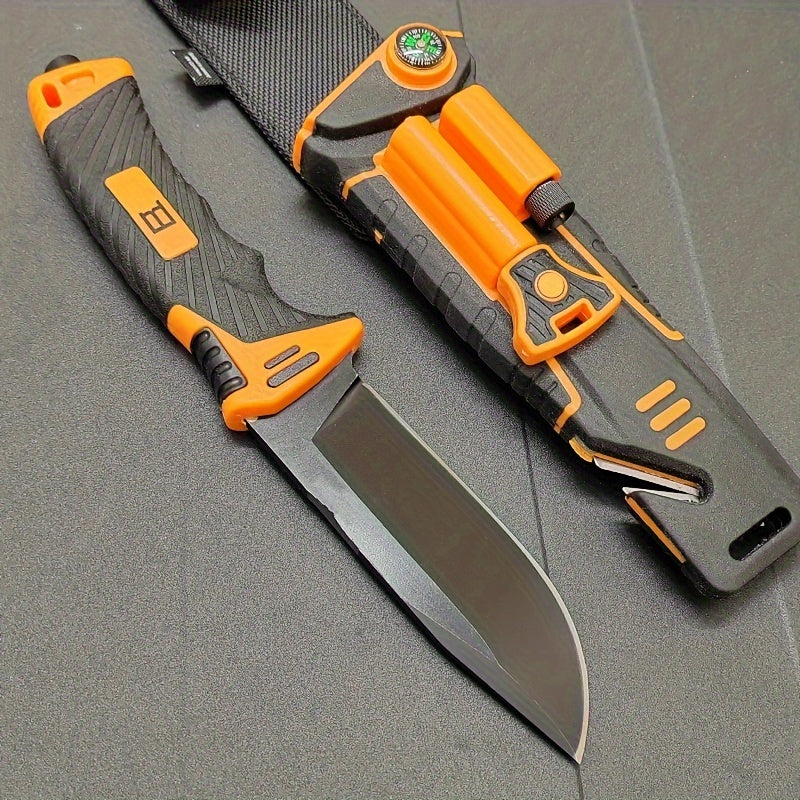 Fixed Blade Outdoor Camping Knife 9.64 Inch Stainless Steel – Non-Slip Ambidextrous Handle for Hiking Mountaineering Adventure – Survival Hunting Knife with Flint Fire Starter Night Light Sharpener Safety Sheath