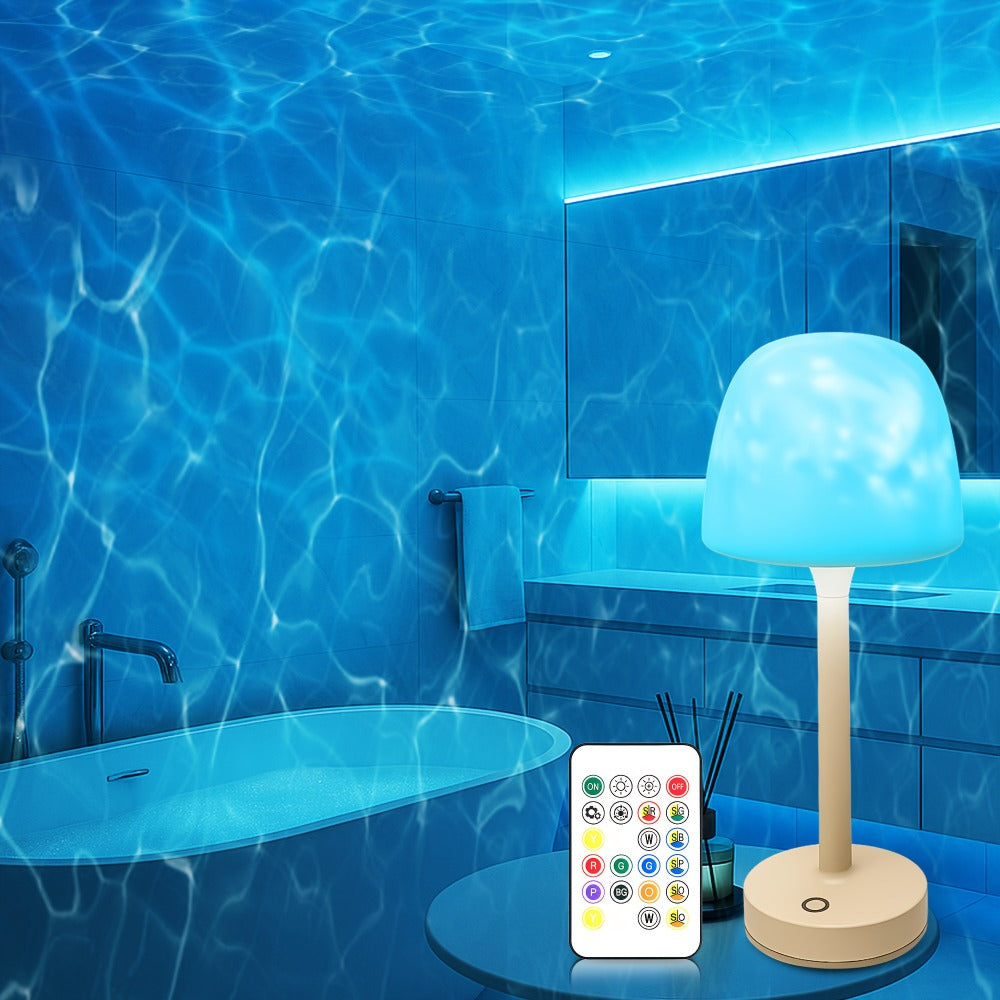 Ocean Wave LED Projector Lamp – 16 Color Rechargeable Cordless Night Light with Remote, Water Ripple Atmosphere Lamp for Bathroom Bedroom, Portable Table Lamp, RGB & Wood Base Opti - product image