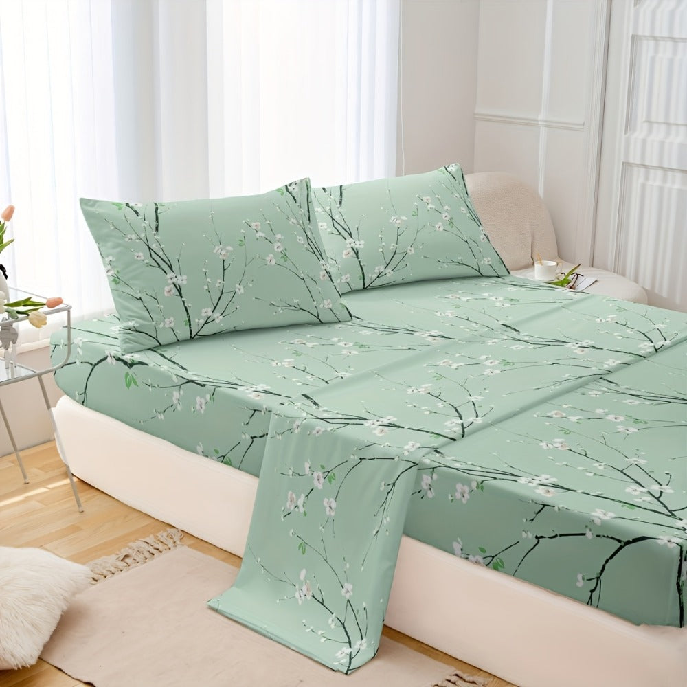 Fitted Sheet Set 4-Piece Plum Blossom Floral Print | Deep Pocket 15" Bed Sheets Twin Full Queen King | Soft Polyester Bedding Set with 2 Pillowcases, All-Season Machine Washable - product image 9