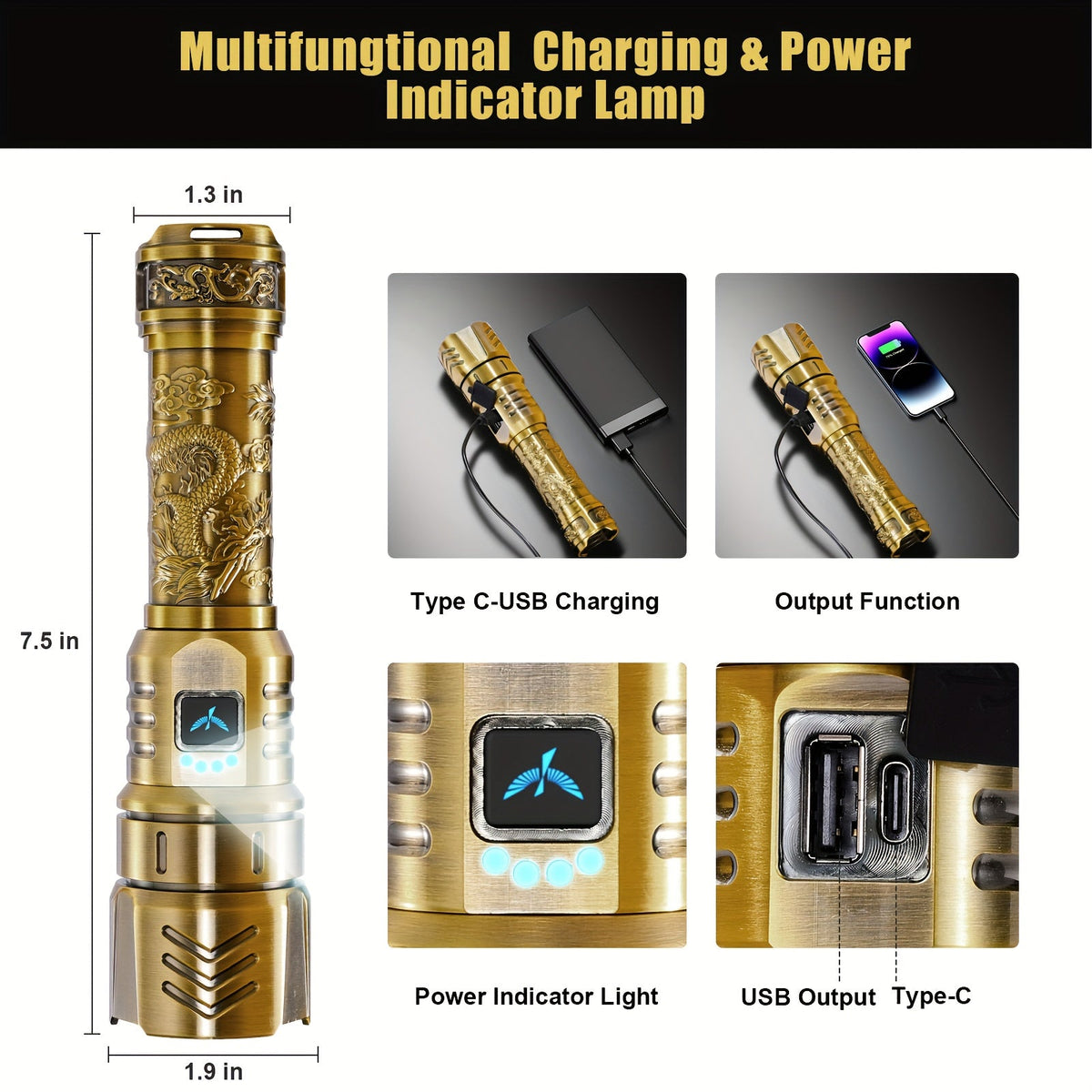 1000 Lumen Dragon Pattern LED Torch, Zoomable Beam, Fire Starter Lens, 4 Modes, Aluminum Alloy for Camping, Outdoor & Emergency Use – Rechargeable Flashlight - product image 4