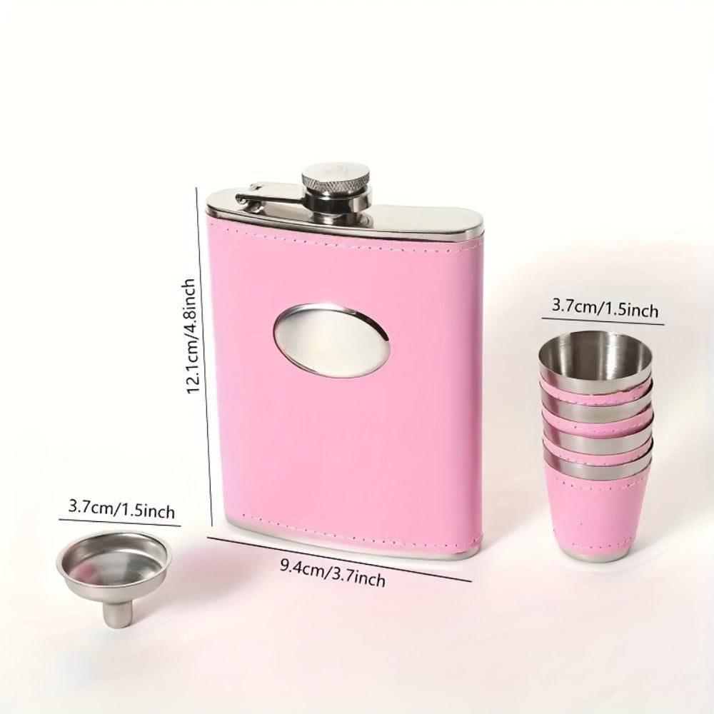 Flask Set for Women 6oz Leather Wrapped Stainless Steel Hip Flask Gift Set with 4 Cups and Funnel Pink Orange Blue Holiday Christmas Valentine Gift for Girlfriend Mom - product image 4
