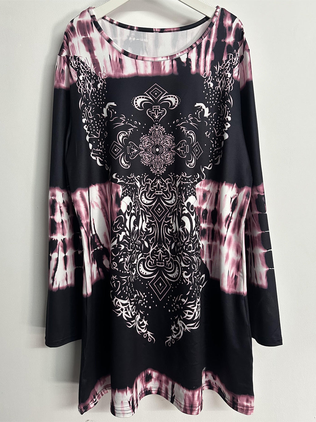 Plus Size, Plus Size Boho Top, Women's Plus Tie Dye Arabesque Print Long Sleeve Round Neck Slight Stretch Tunic Top - product image 2